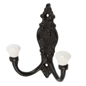 100mm x 115mm Black Ornate Double White Ceramic Coat Hook - By Hammer & Tongs
