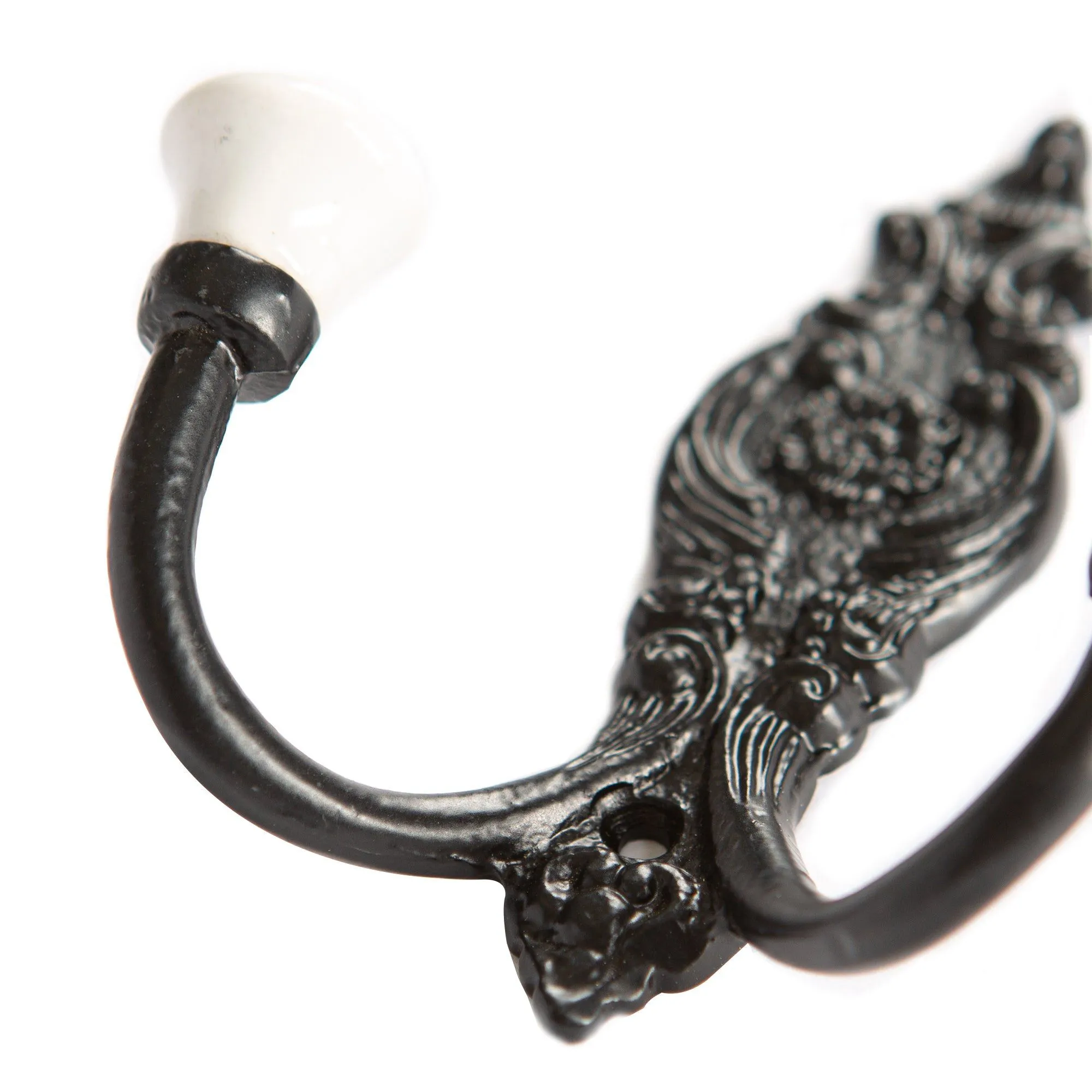 100mm x 115mm Black Ornate Double White Ceramic Coat Hook - By Hammer & Tongs