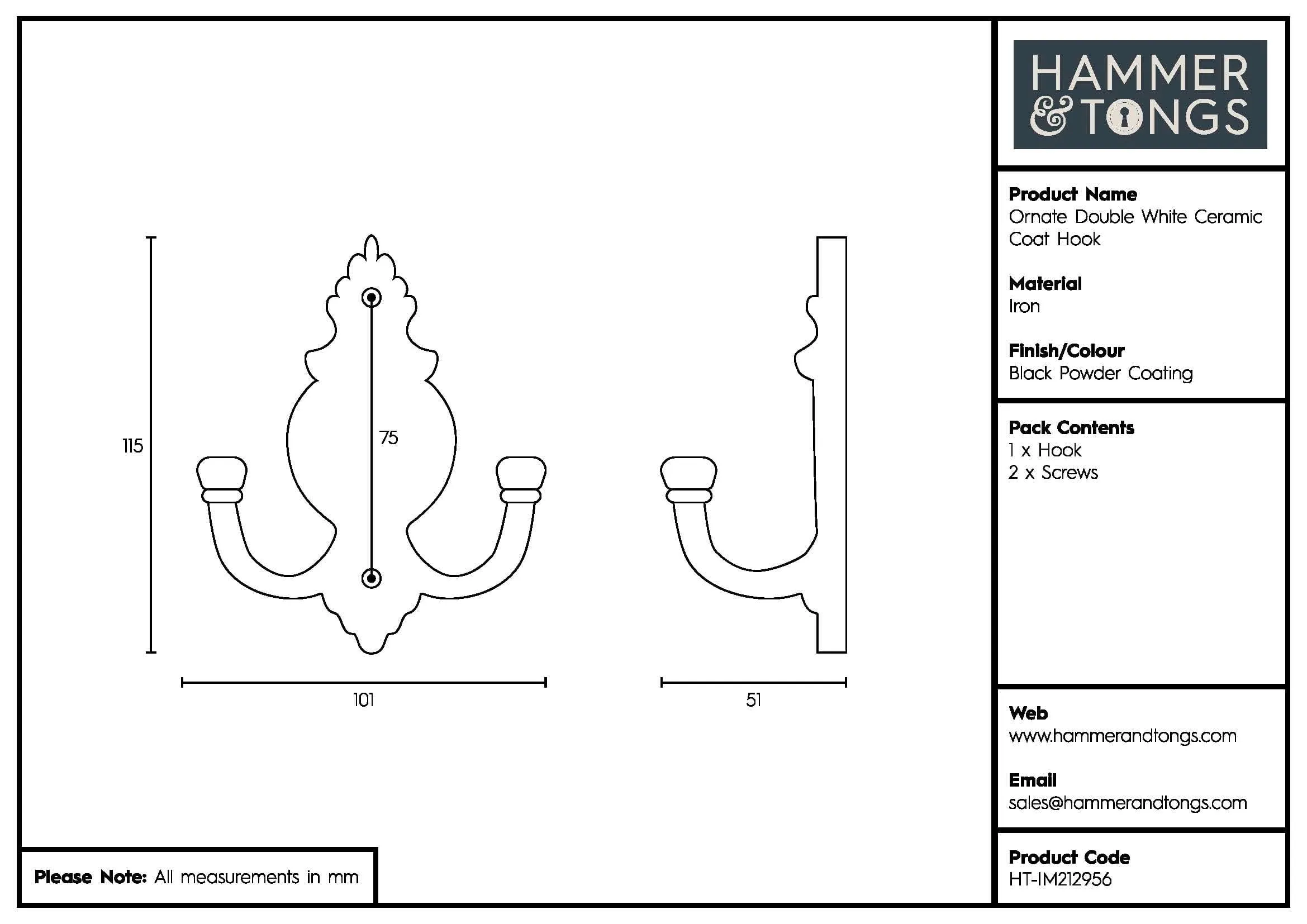 100mm x 115mm Black Ornate Double White Ceramic Coat Hook - By Hammer & Tongs