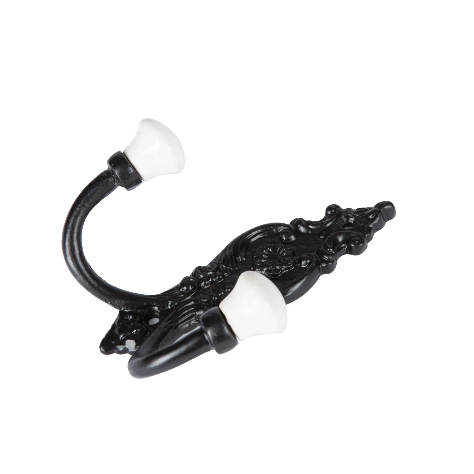100mm x 115mm Black Ornate Double White Ceramic Coat Hook - By Hammer & Tongs