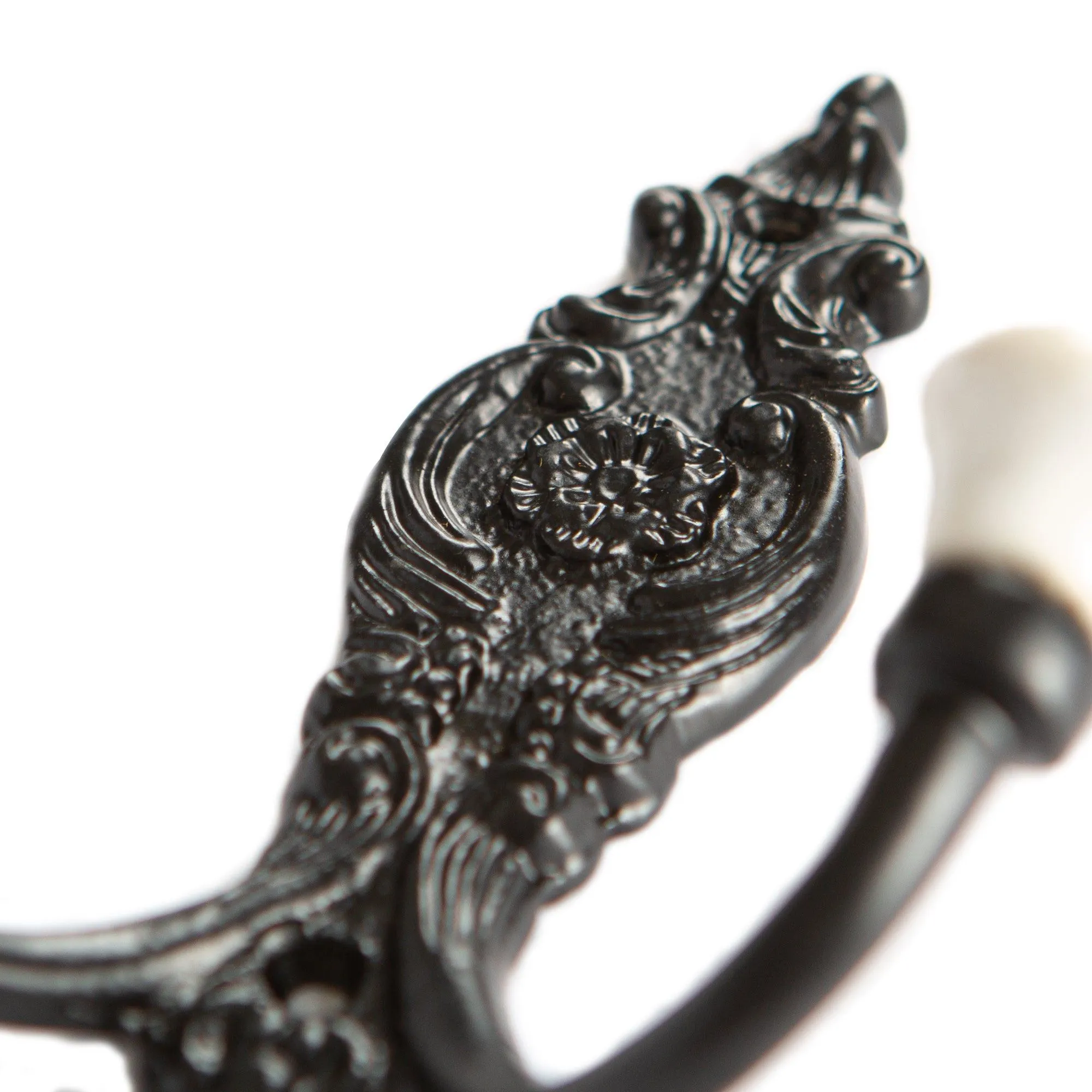 100mm x 115mm Black Ornate Double White Ceramic Coat Hook - By Hammer & Tongs