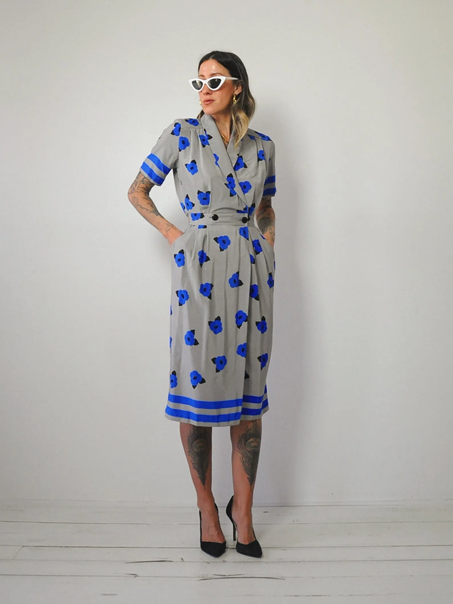 1980's Floral Pocket Shirt Dress
