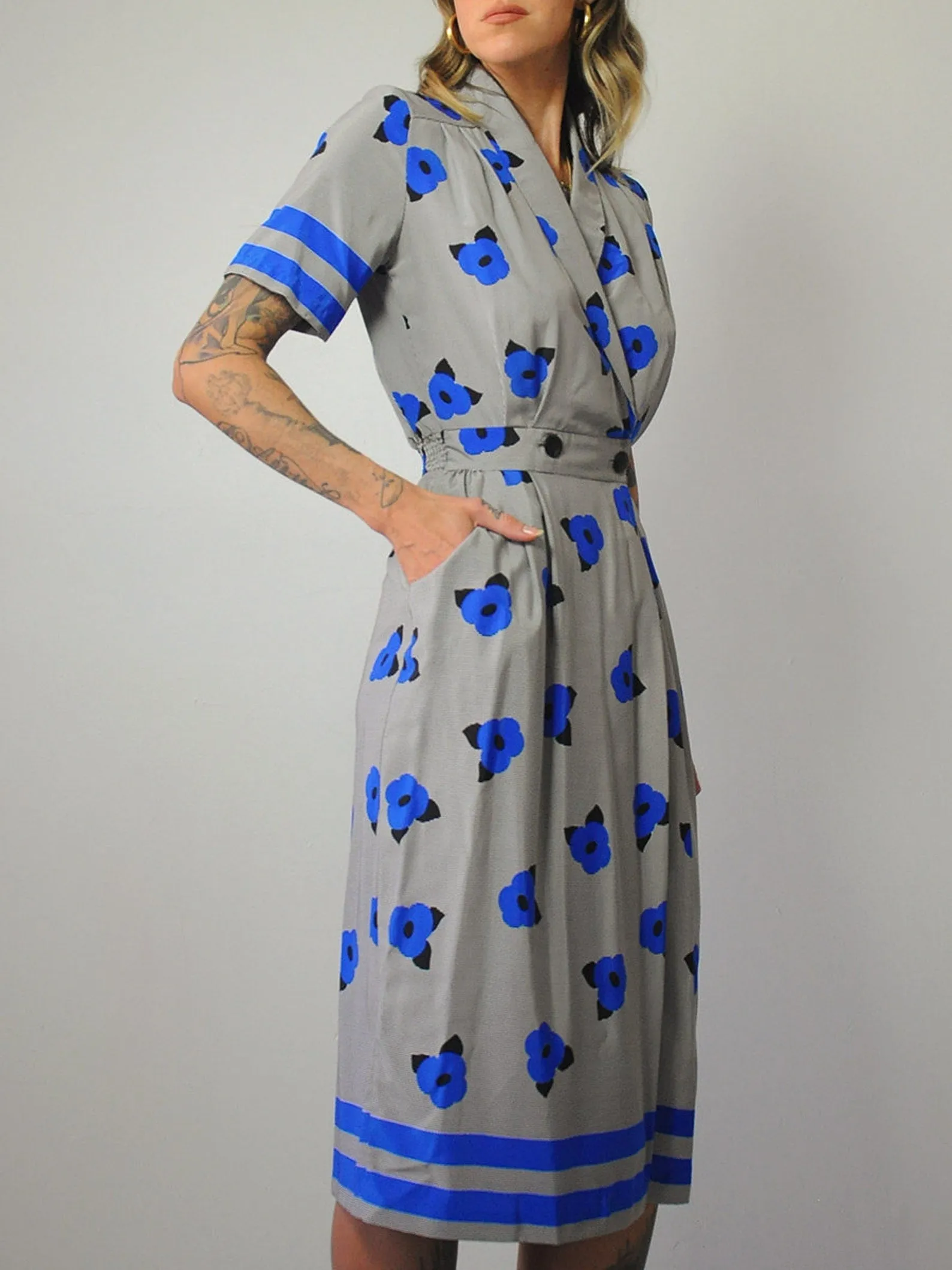 1980's Floral Pocket Shirt Dress