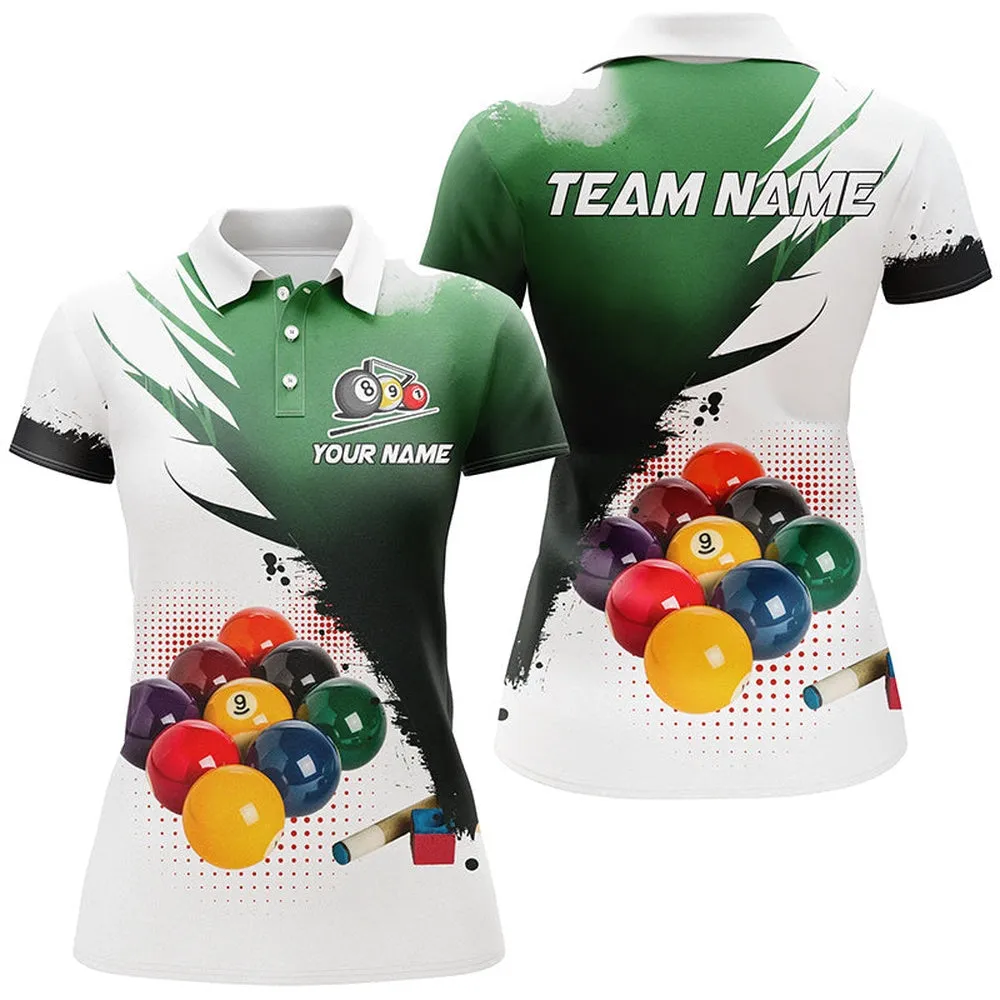 3D 9 Ball Pool Billiard Jerseys Women Polo & Quarter Zip Jersey Custom Billiard Team Shirts Green, Short Sleeve Jersey For Women