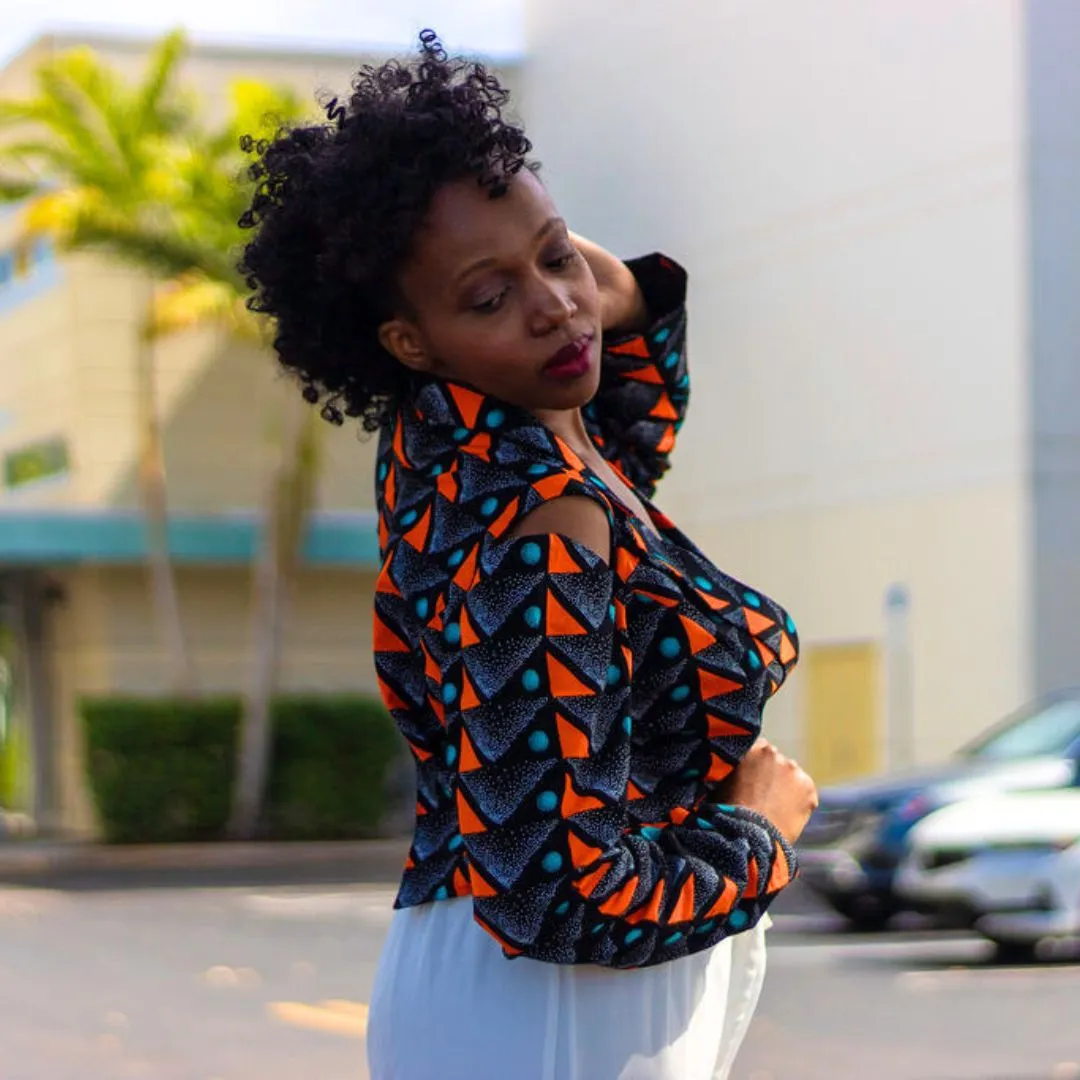 African Print /Ankara /Kitenge Crop Blazer Jacket- Orange, Teal, White & Black  with Drop Open Sleeves & Chic Open Back