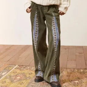 Amozae-Trousers Corduroy Patchwork Green High Waist Fashion Vintage Casual Loose Design Pants For Women Spring Autumn All Match