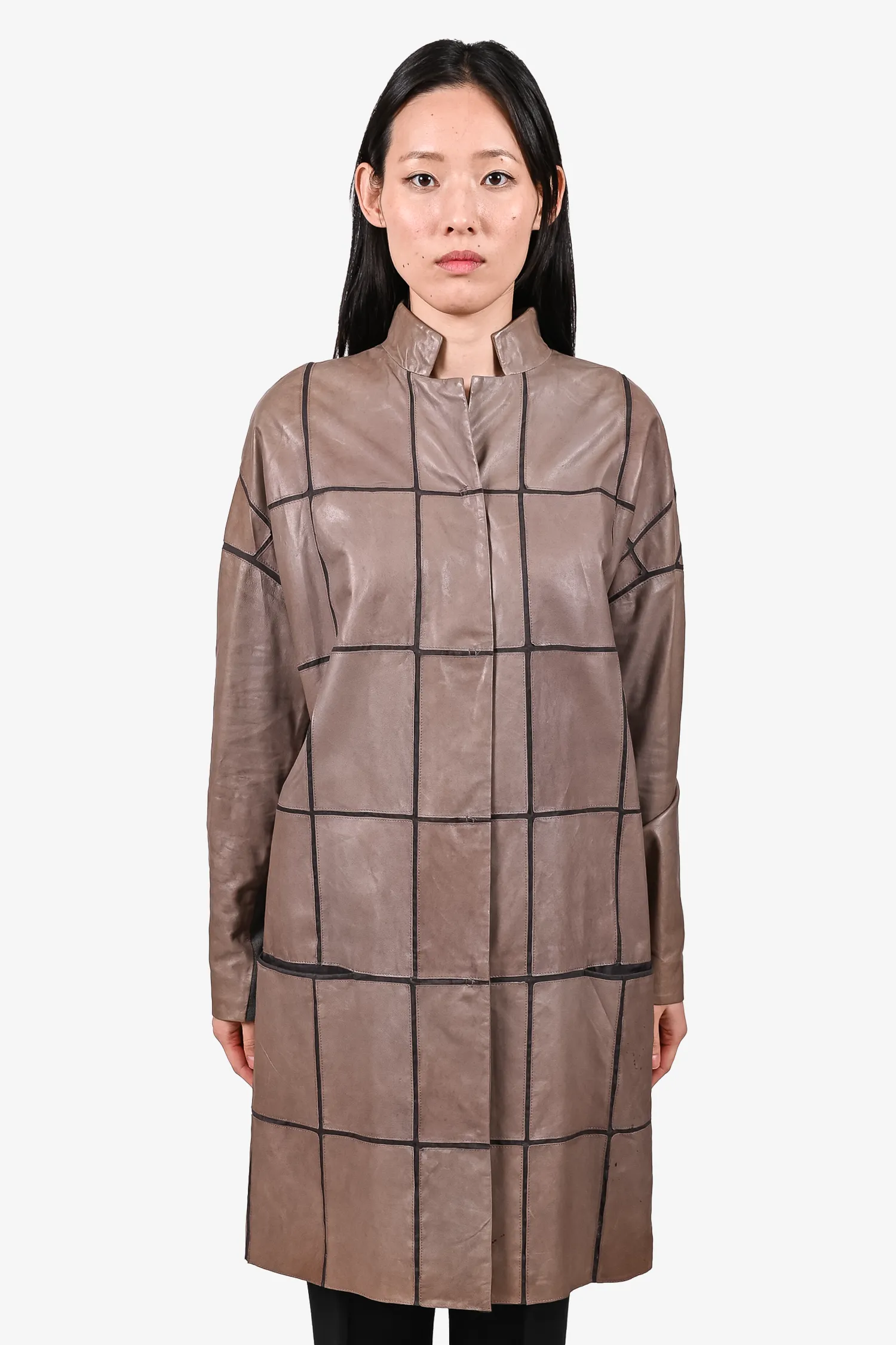Annette Gortz Tan Lambskin Leather Check Detail Coat Size S