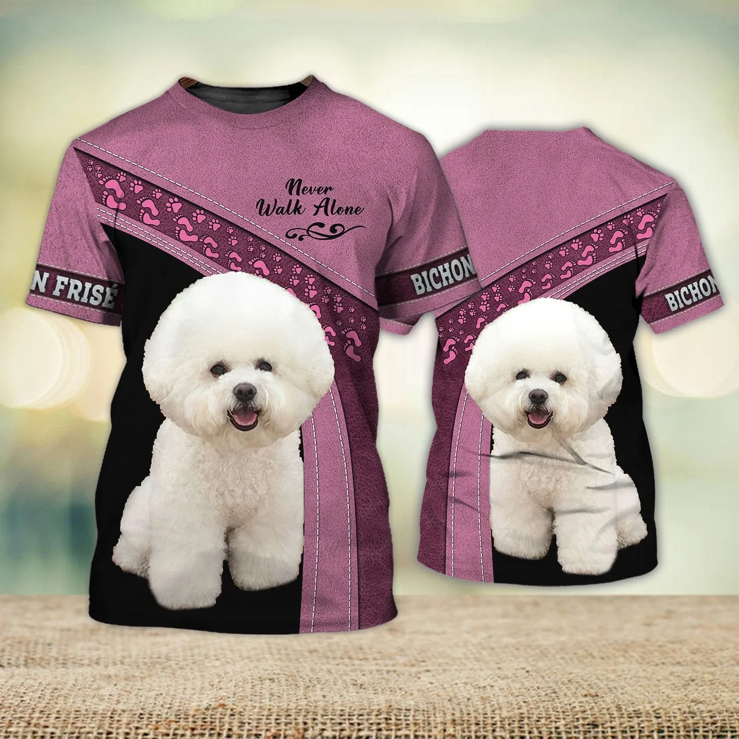 Bichon Frise Pink Love Never Walk Alone 3D Full Print Shirts, Dog Memorial Gifts for loss of Dog
