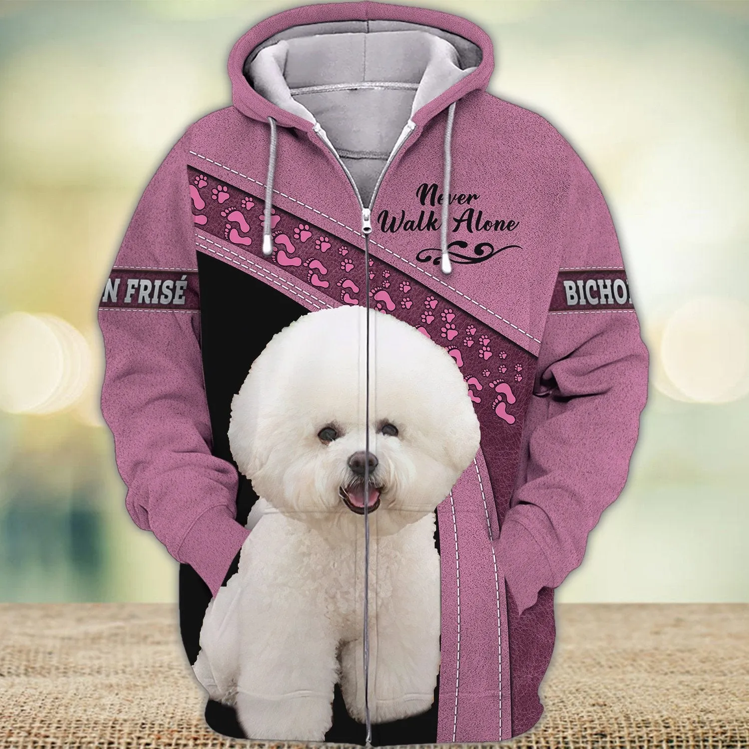 Bichon Frise Pink Love Never Walk Alone 3D Full Print Shirts, Dog Memorial Gifts for loss of Dog