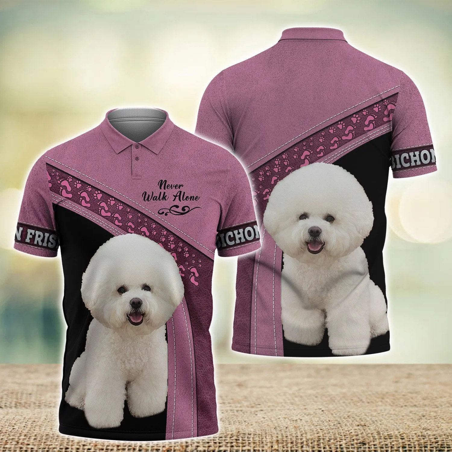 Bichon Frise Pink Love Never Walk Alone 3D Full Print Shirts, Dog Memorial Gifts for loss of Dog