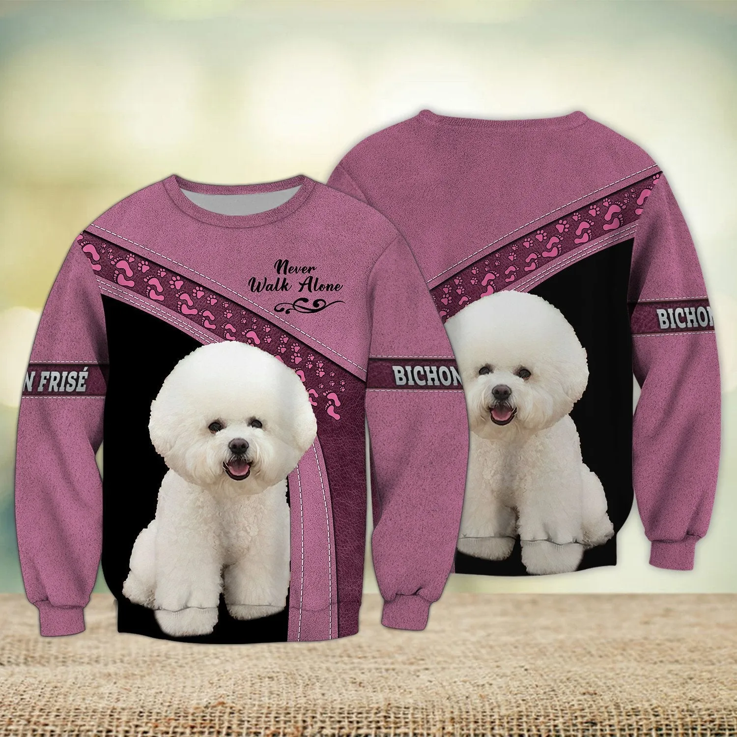 Bichon Frise Pink Love Never Walk Alone 3D Full Print Shirts, Dog Memorial Gifts for loss of Dog