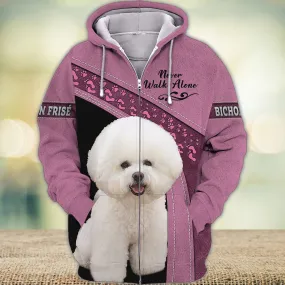 Bichon Frise Pink Love Never Walk Alone 3D Full Print Shirts, Dog Memorial Gifts for loss of Dog