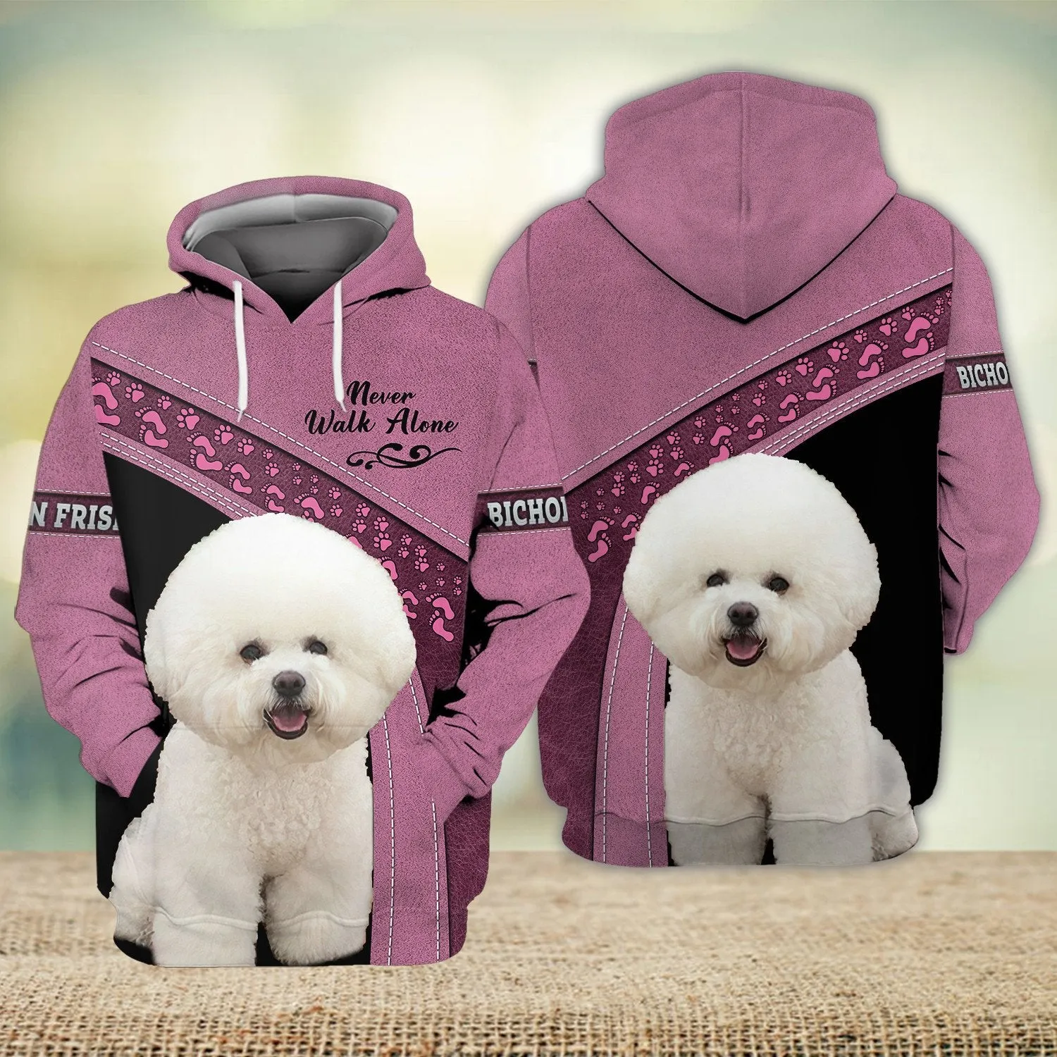 Bichon Frise Pink Love Never Walk Alone 3D Full Print Shirts, Dog Memorial Gifts for loss of Dog