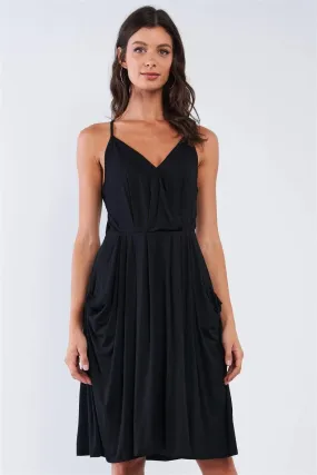 Black Casual Pleated Wrap Deep Plunge V-Neck Sleeveless Mini Dress With Front Pockets /1-2-2-1
