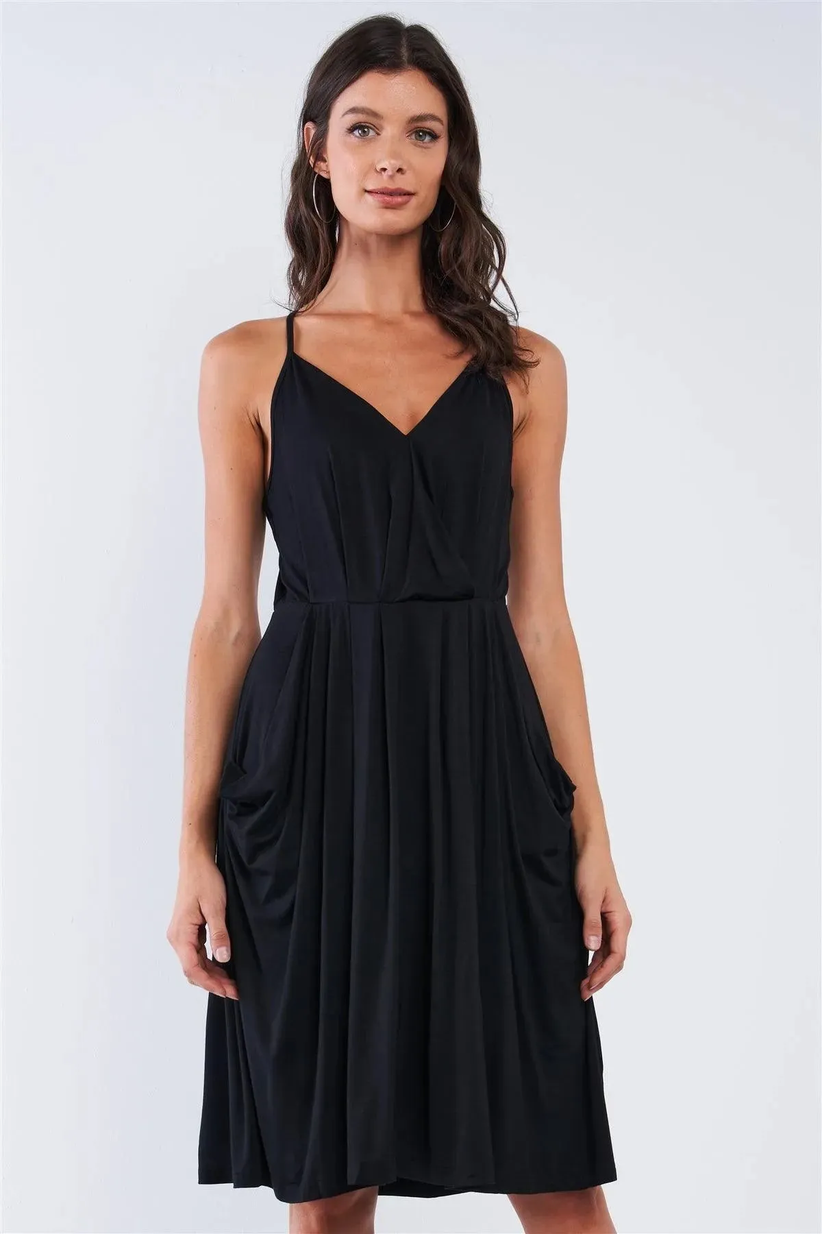 Black Casual Pleated Wrap Deep Plunge V-Neck Sleeveless Mini Dress With Front Pockets /1-2-2-1