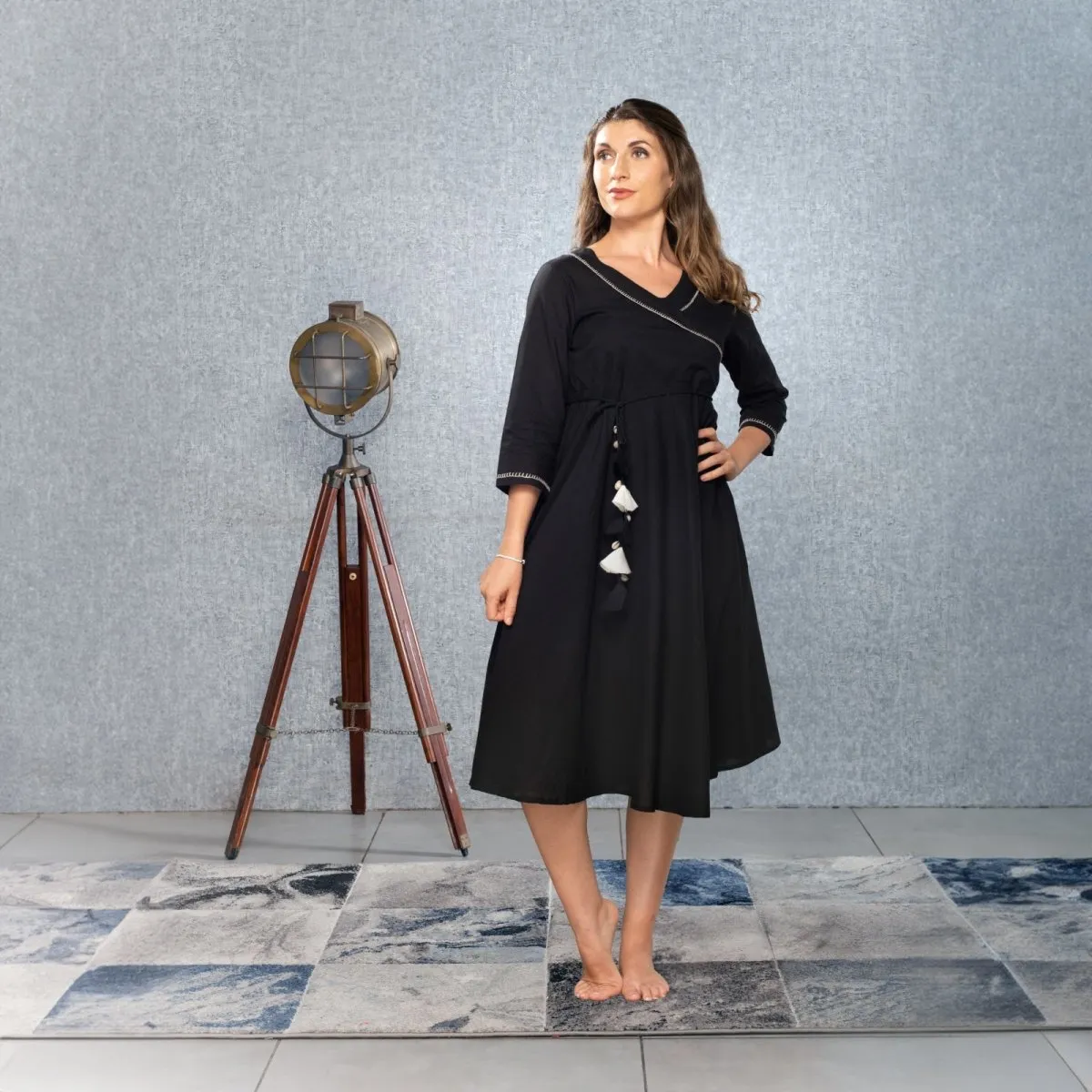 Black Hand Embroidered Cotton Wrap Dress