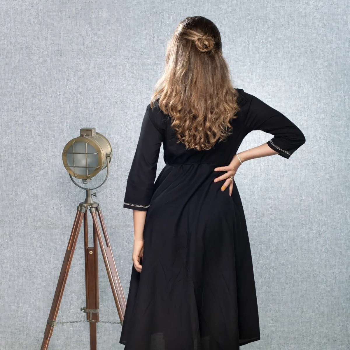 Black Hand Embroidered Cotton Wrap Dress
