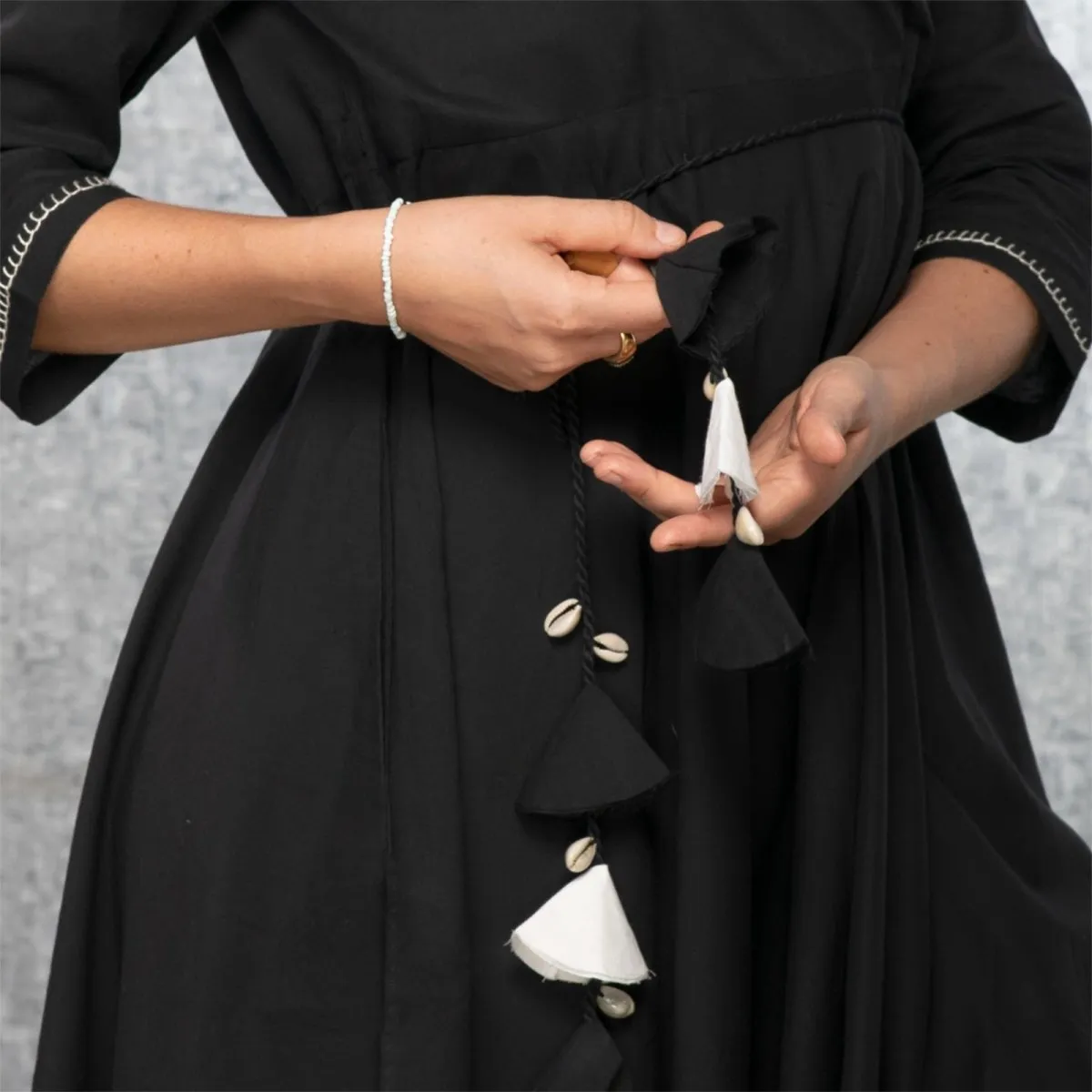 Black Hand Embroidered Cotton Wrap Dress