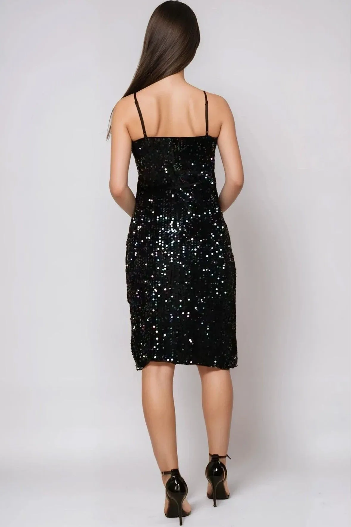 Black Sequin Velvet Mini Wrap Dress by Aftershock London