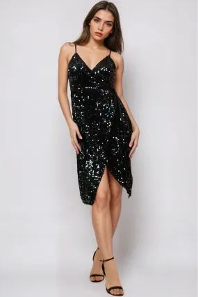 Black Sequin Velvet Mini Wrap Dress by Aftershock London
