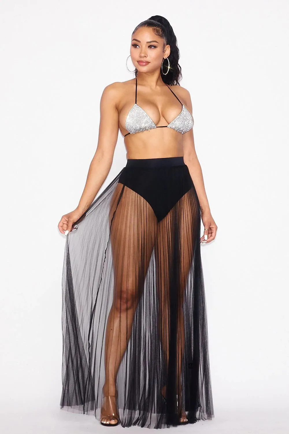 Black Stretch Band Waist Overlay Skirt