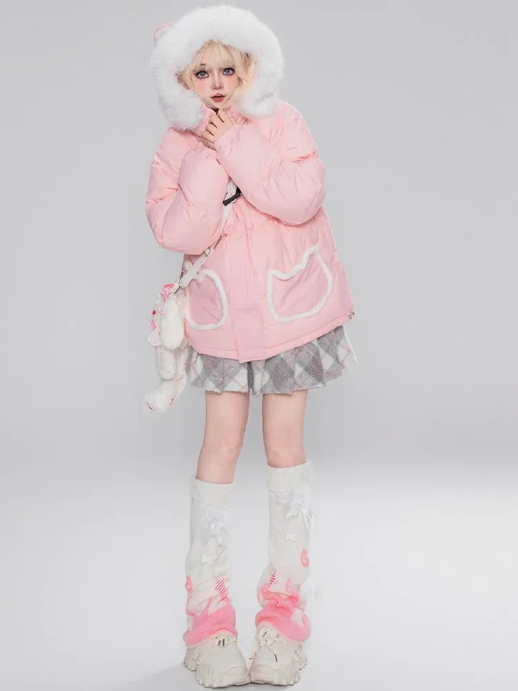 Black/Pink Letters Cat Ears Design Hooded Puffer Jacket