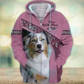 Blue Merle Australian Shepherd Love Never Walk Alone 3D Full Print Shirts, Christmas Dog Memorial Gifts for loss of Dog
