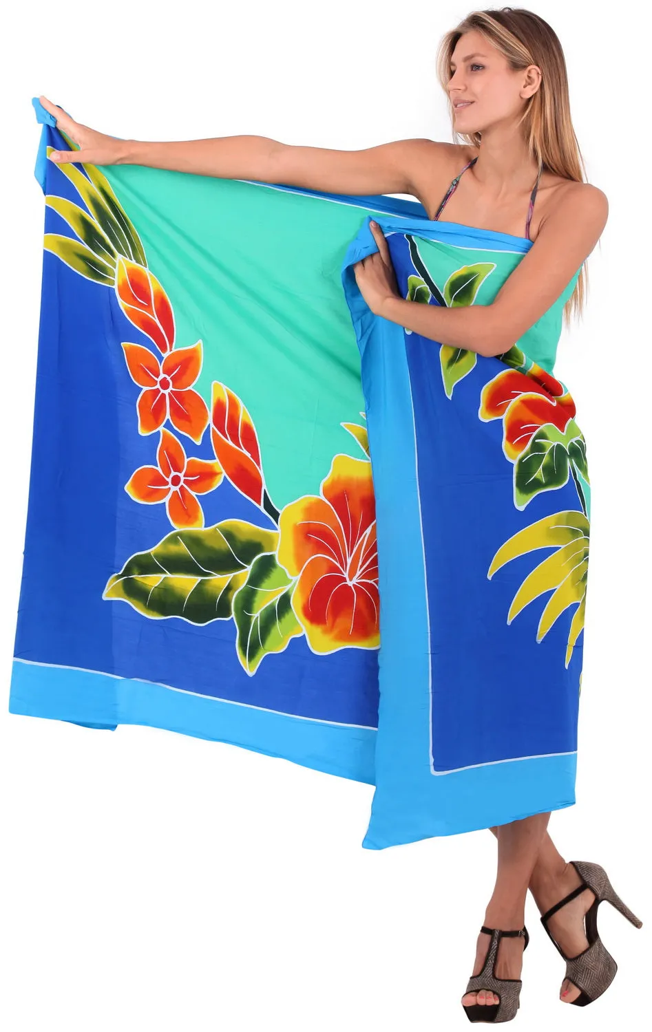 Blue Non-Sheer Hand Painted Hibiscus and Leaves Beach Wrap For Women