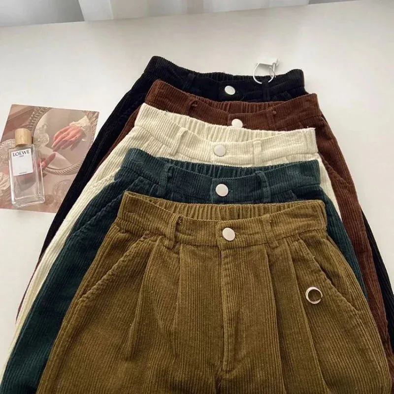 Bonnyshow Retro High Waist Corduroy Pants Women Spring Fall Straight Causal Full Length Trousers Korean Fashion Baggy All Match Black Pant