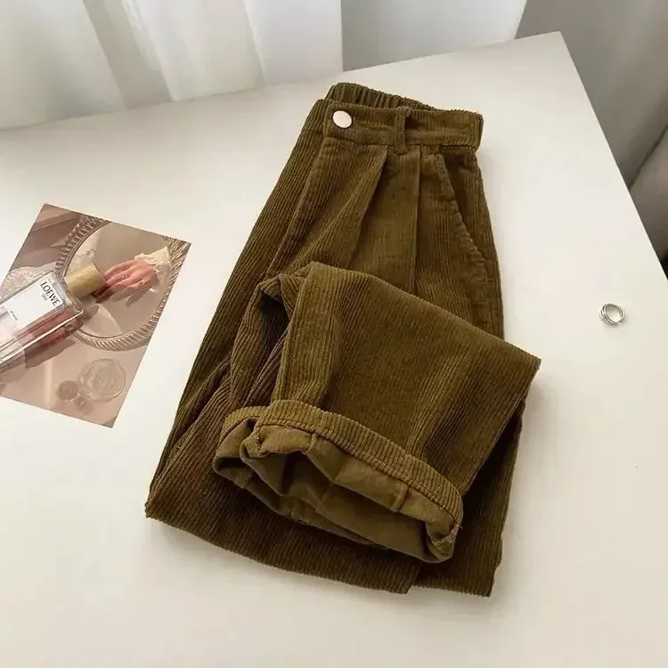 Bonnyshow Retro High Waist Corduroy Pants Women Spring Fall Straight Causal Full Length Trousers Korean Fashion Baggy All Match Black Pant