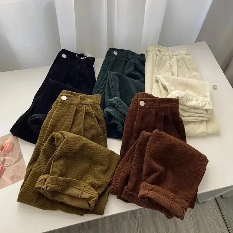 Bonnyshow Retro High Waist Corduroy Pants Women Spring Fall Straight Causal Full Length Trousers Korean Fashion Baggy All Match Black Pant