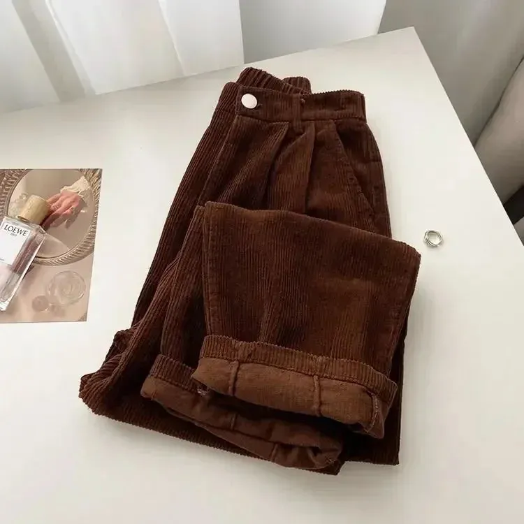 Bonnyshow Retro High Waist Corduroy Pants Women Spring Fall Straight Causal Full Length Trousers Korean Fashion Baggy All Match Black Pant