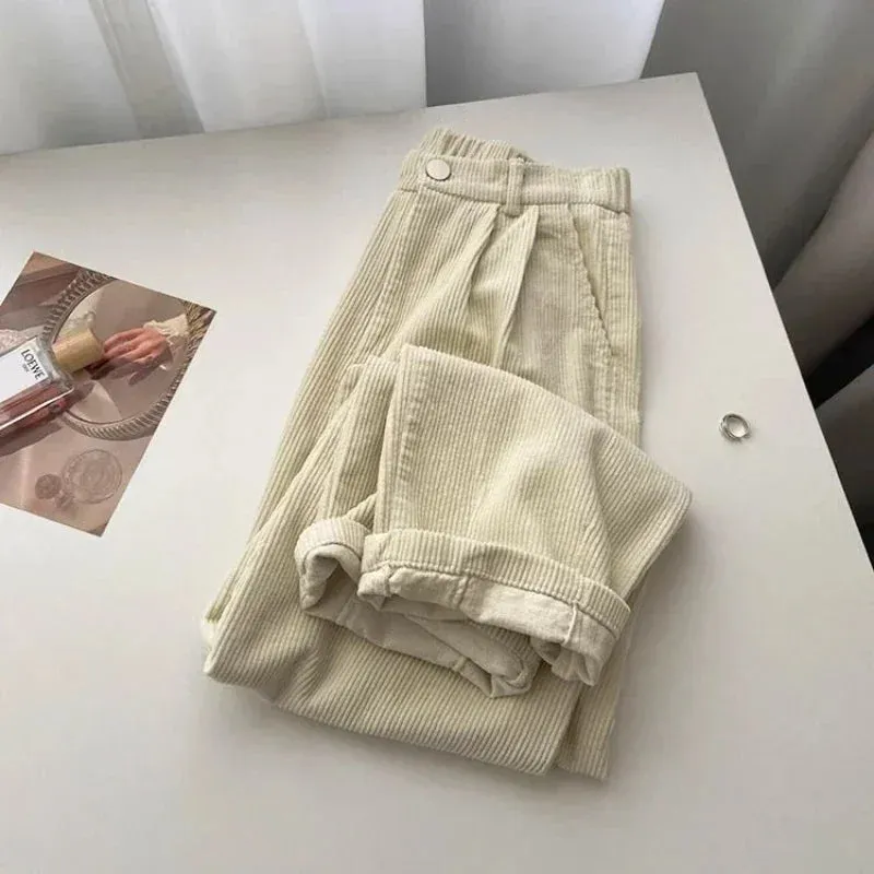 Bonnyshow Retro High Waist Corduroy Pants Women Spring Fall Straight Causal Full Length Trousers Korean Fashion Baggy All Match Black Pant