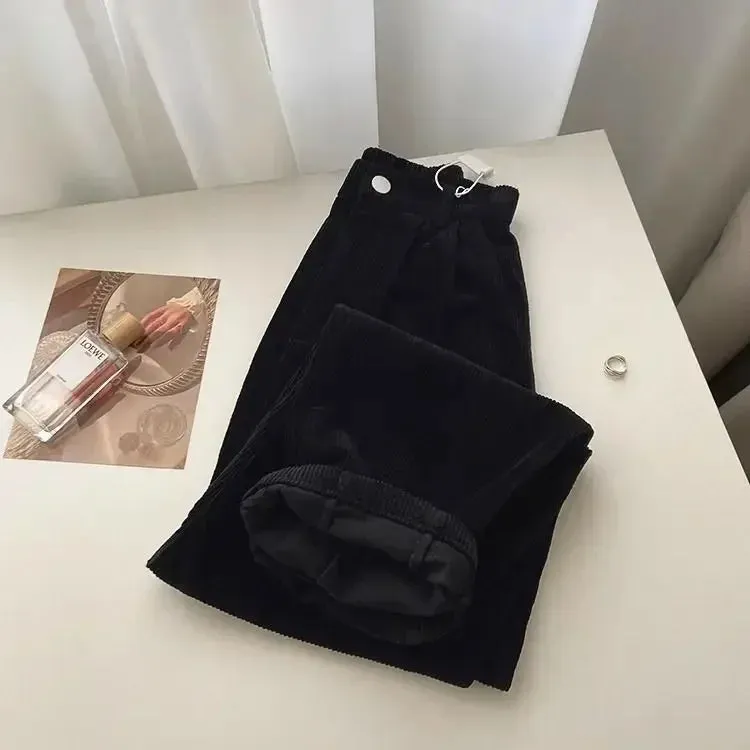 Bonnyshow Retro High Waist Corduroy Pants Women Spring Fall Straight Causal Full Length Trousers Korean Fashion Baggy All Match Black Pant