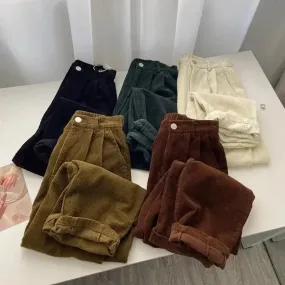Bonnyshow Retro High Waist Corduroy Pants Women Spring Fall Straight Causal Full Length Trousers Korean Fashion Baggy All Match Black Pant
