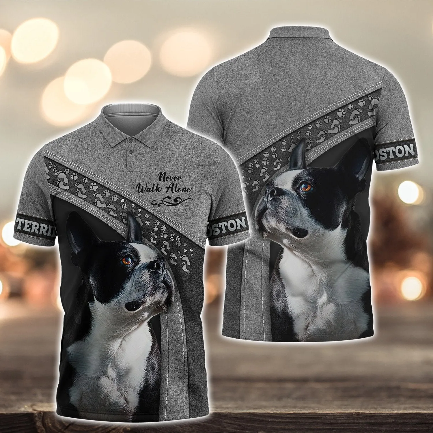 Boston Terrier Lover Never Walk Alone 3D Full Print Shirts, Dog Memorial Gifts for loss of Dog, Christmas Shirt for Dog Lovers