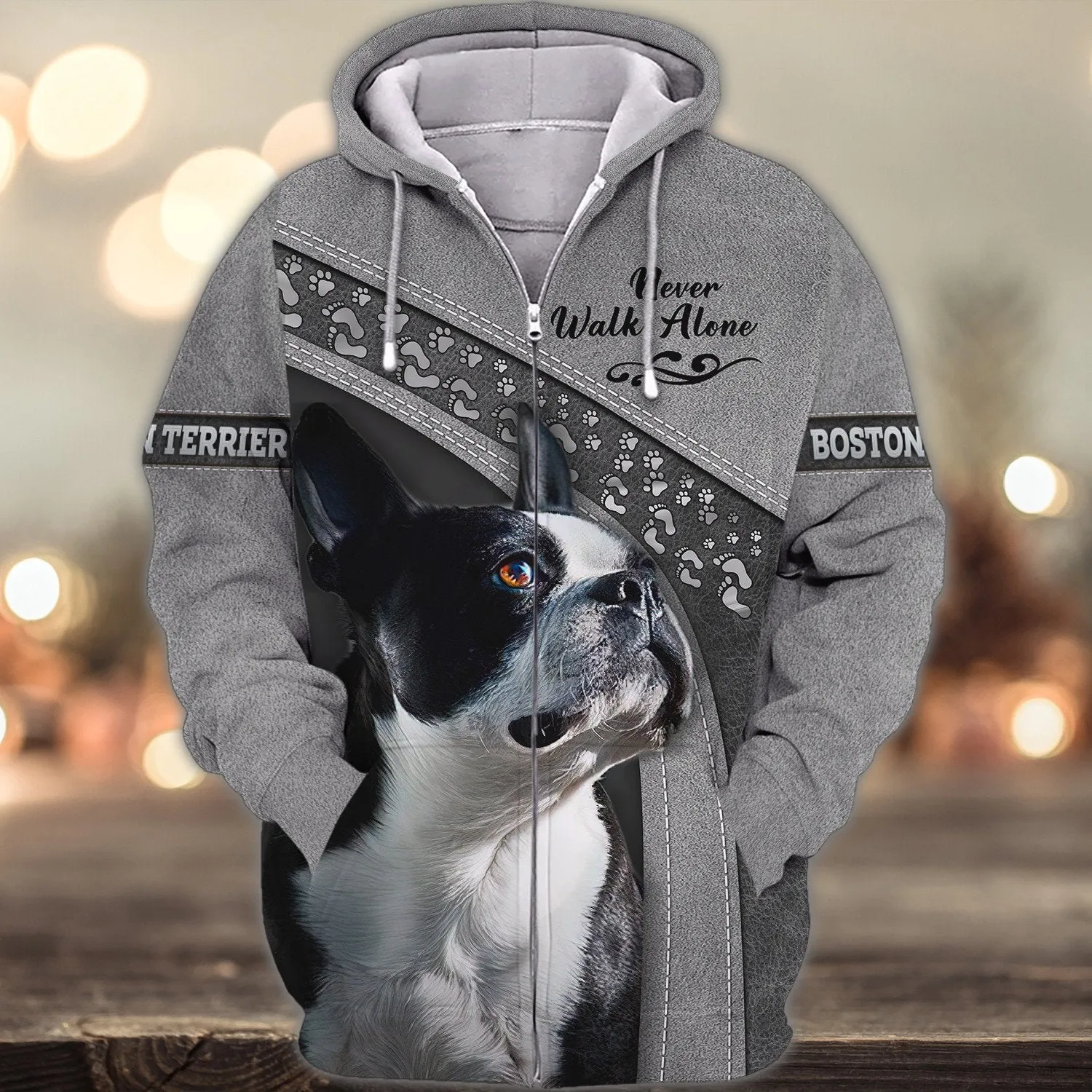Boston Terrier Lover Never Walk Alone 3D Full Print Shirts, Dog Memorial Gifts for loss of Dog, Christmas Shirt for Dog Lovers