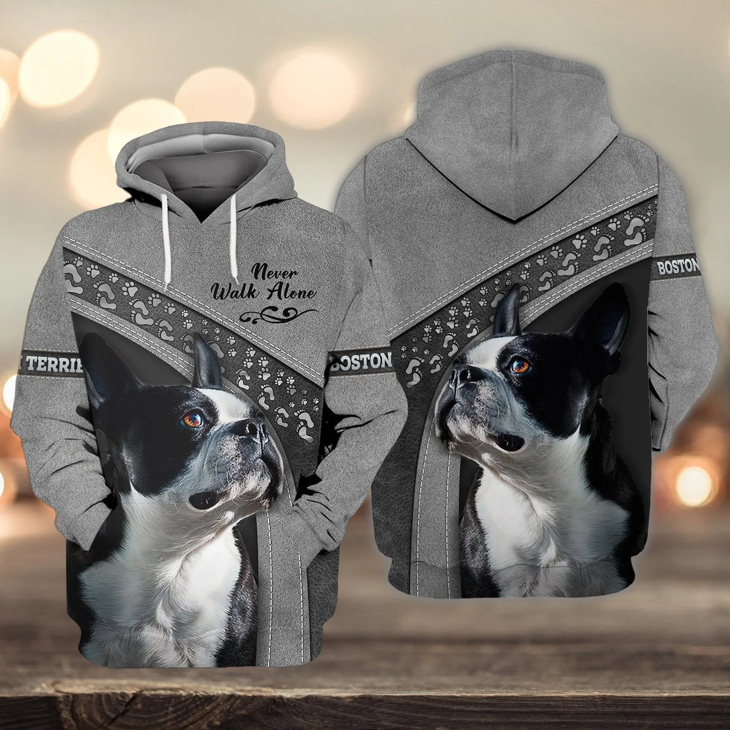 Boston Terrier Lover Never Walk Alone 3D Full Print Shirts, Dog Memorial Gifts for loss of Dog, Christmas Shirt for Dog Lovers