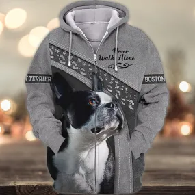 Boston Terrier Lover Never Walk Alone 3D Full Print Shirts, Dog Memorial Gifts for loss of Dog, Christmas Shirt for Dog Lovers