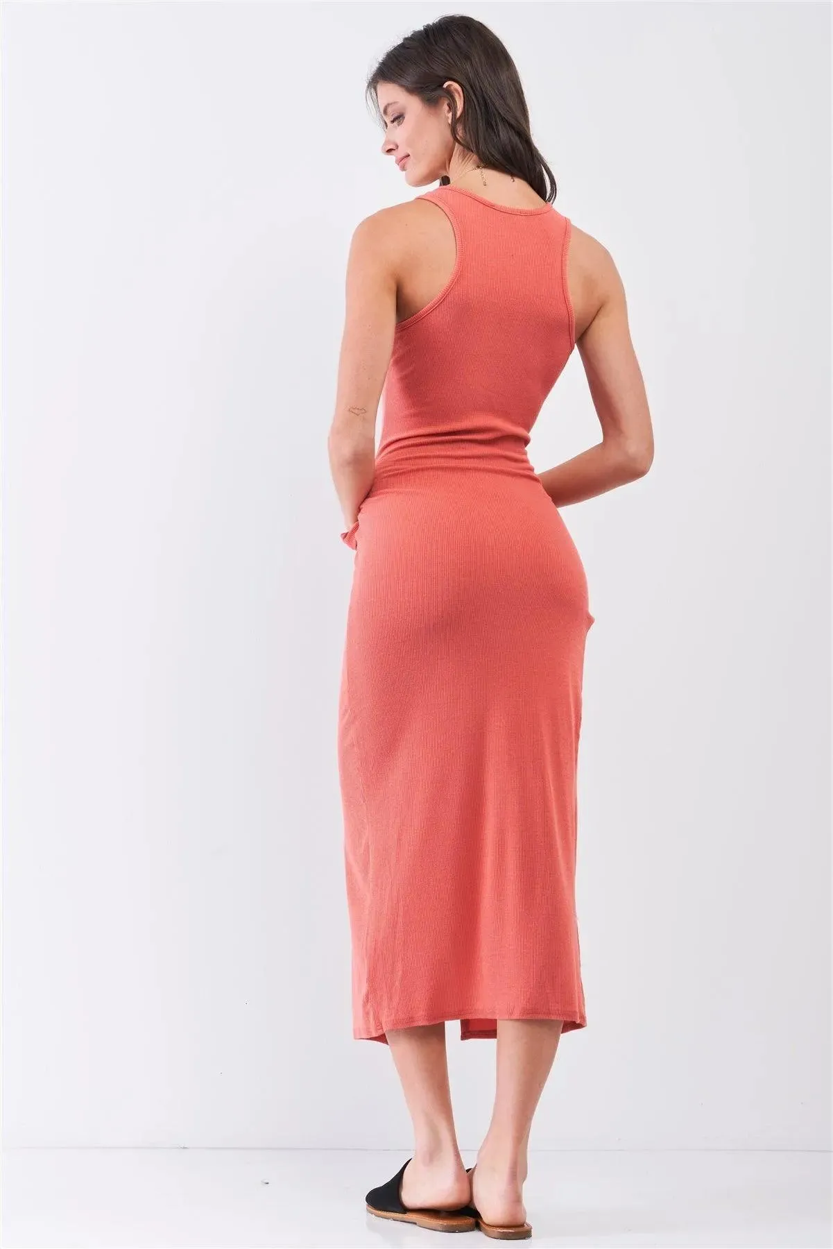 Brick Coral Ribbed Sleeveless Scoop Neck Asymmetrical Wrap Front Detail Midi Dress /1-2-2-1