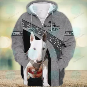 Bull Terrier Never Walk Alone 3D Full Print Shirts, Dog Memorial Gifts for loss of Dog, Christmas Shirt for Dog Lovers