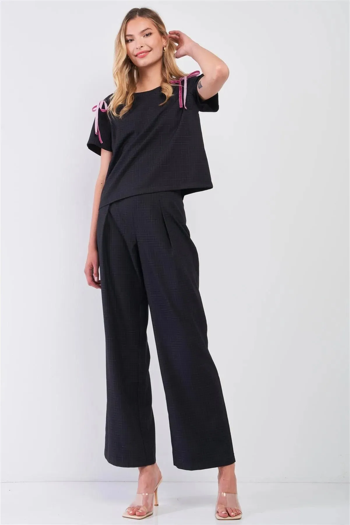 Charcoal Plaid Round Neck Short Sleeve Shoulder Lace Up Detail Top & High-Waisted Wide Leg Pants Two Piece Set /1-2-2-1
