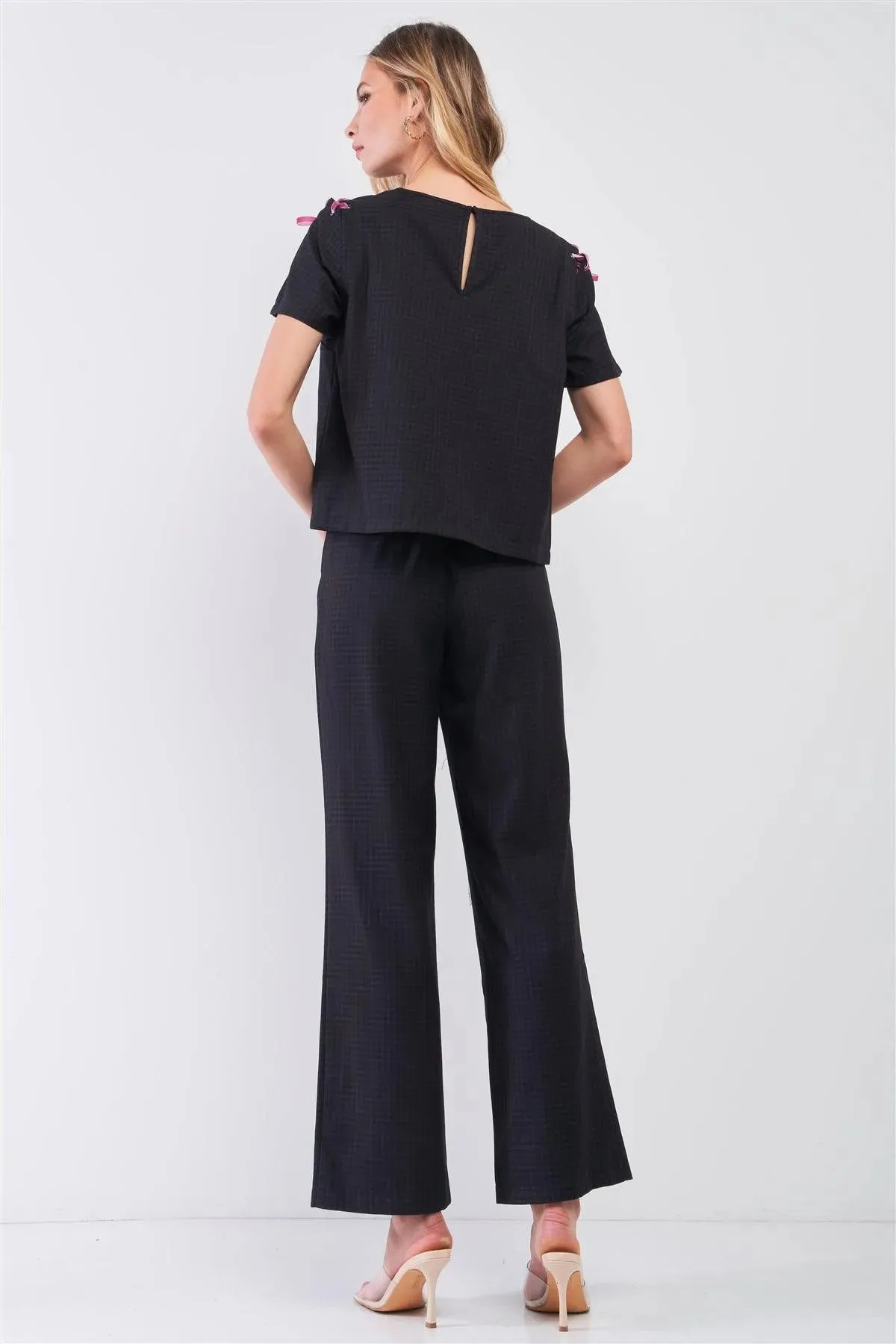 Charcoal Plaid Round Neck Short Sleeve Shoulder Lace Up Detail Top & High-Waisted Wide Leg Pants Two Piece Set /1-2-2-1