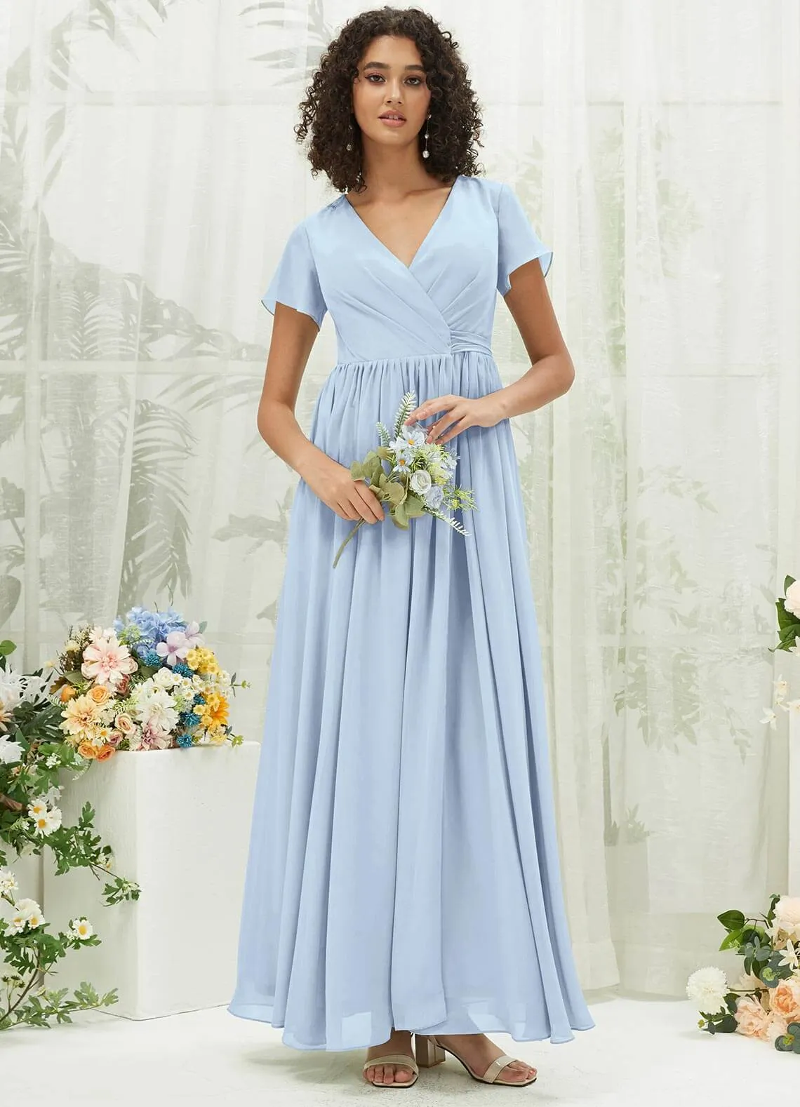 Cornflower Blue Chiffon Short Sleeve V-Neck Wrap Pleated  Bridesmaid Dress