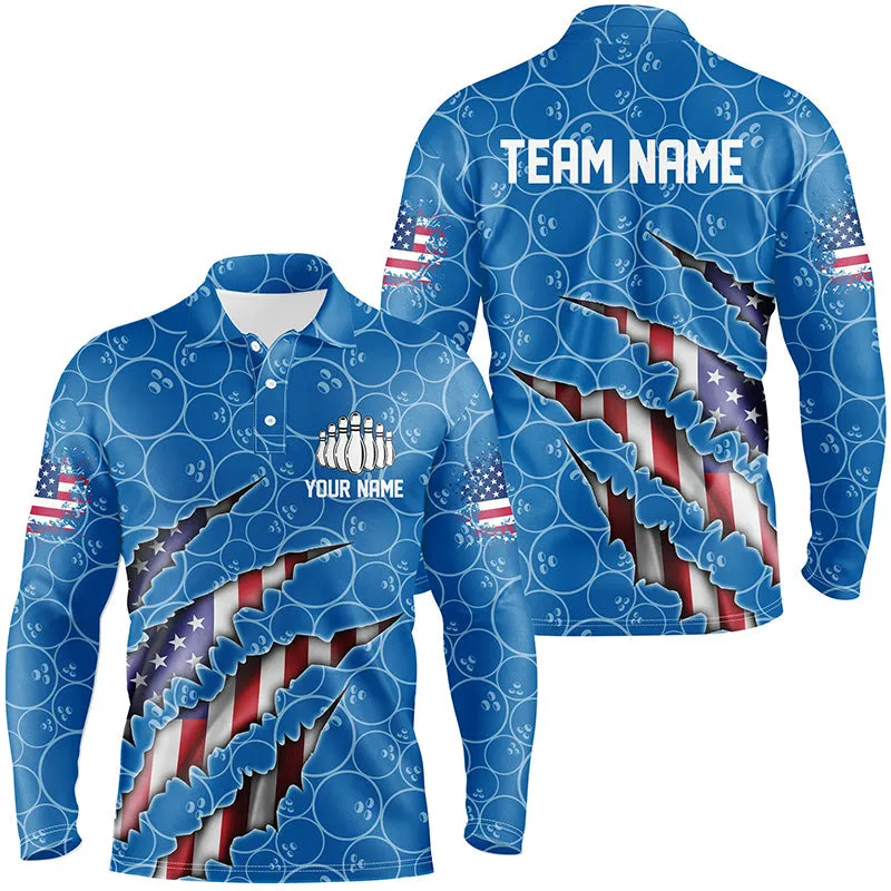 Custom Patriotic Multicolor Long Sleeve Bowling Shirts For Men, American Flag Bowling Uniform Bowlers