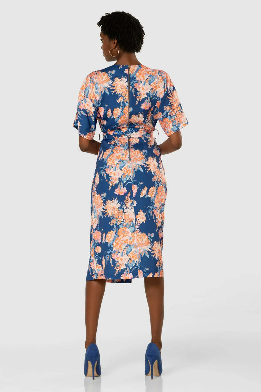 Daria Floral Print Kimono Midi Dress (Navy)