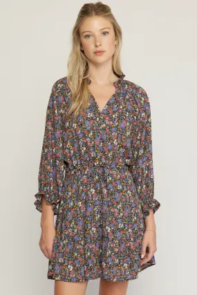 Ditsy Floral Button Detail Tie Waist Flounce Hem Dress