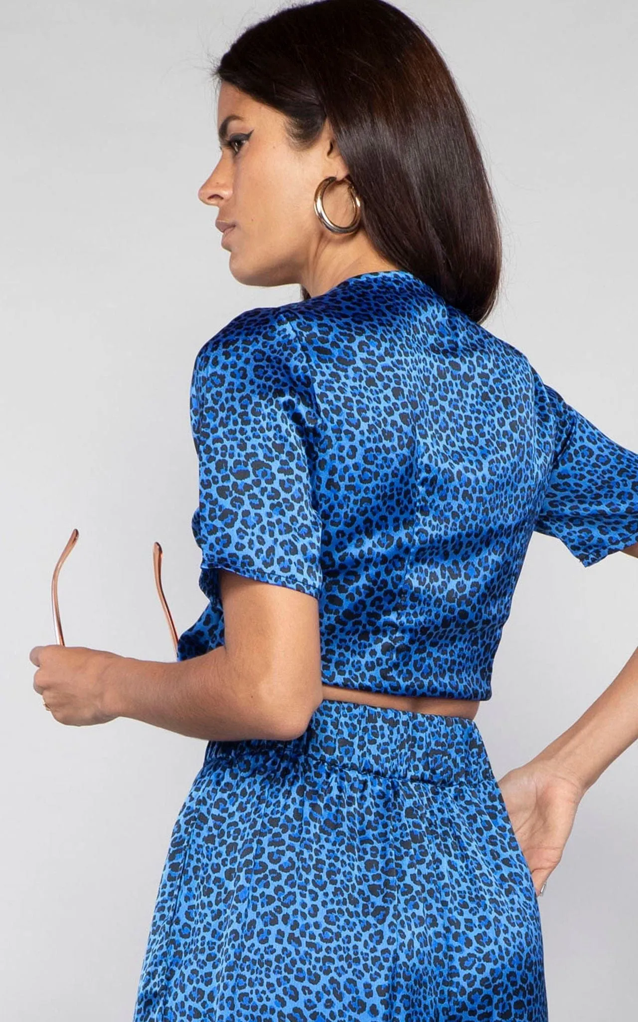 Gigi Wrap Top in Blue Ditzy Leopard