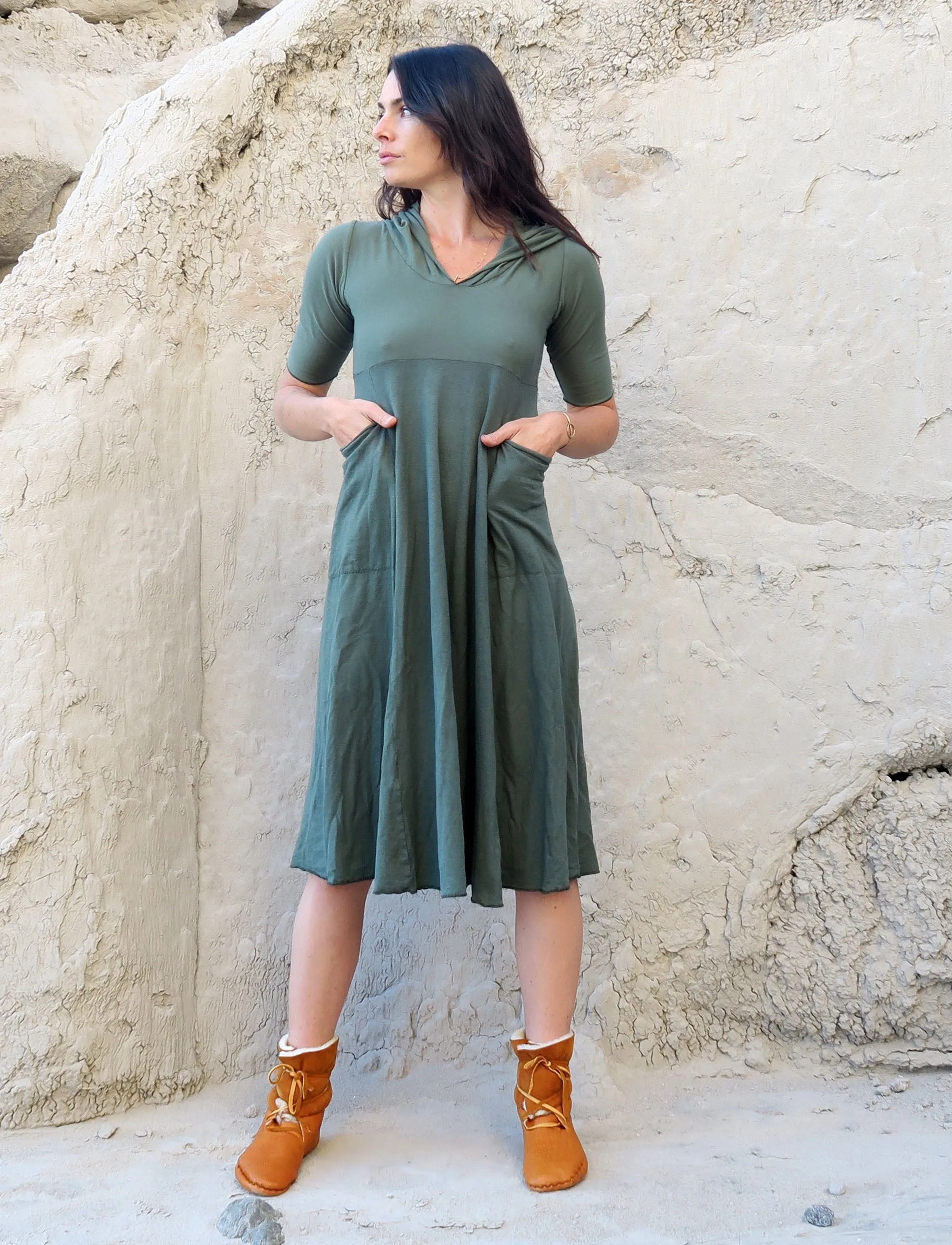 Hooded Eclipse Perfect Pockets Below Knee Dress