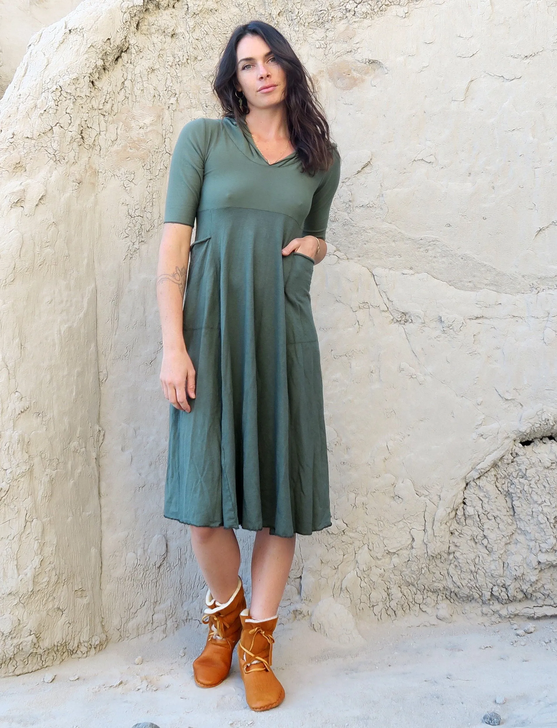 Hooded Eclipse Perfect Pockets Below Knee Dress